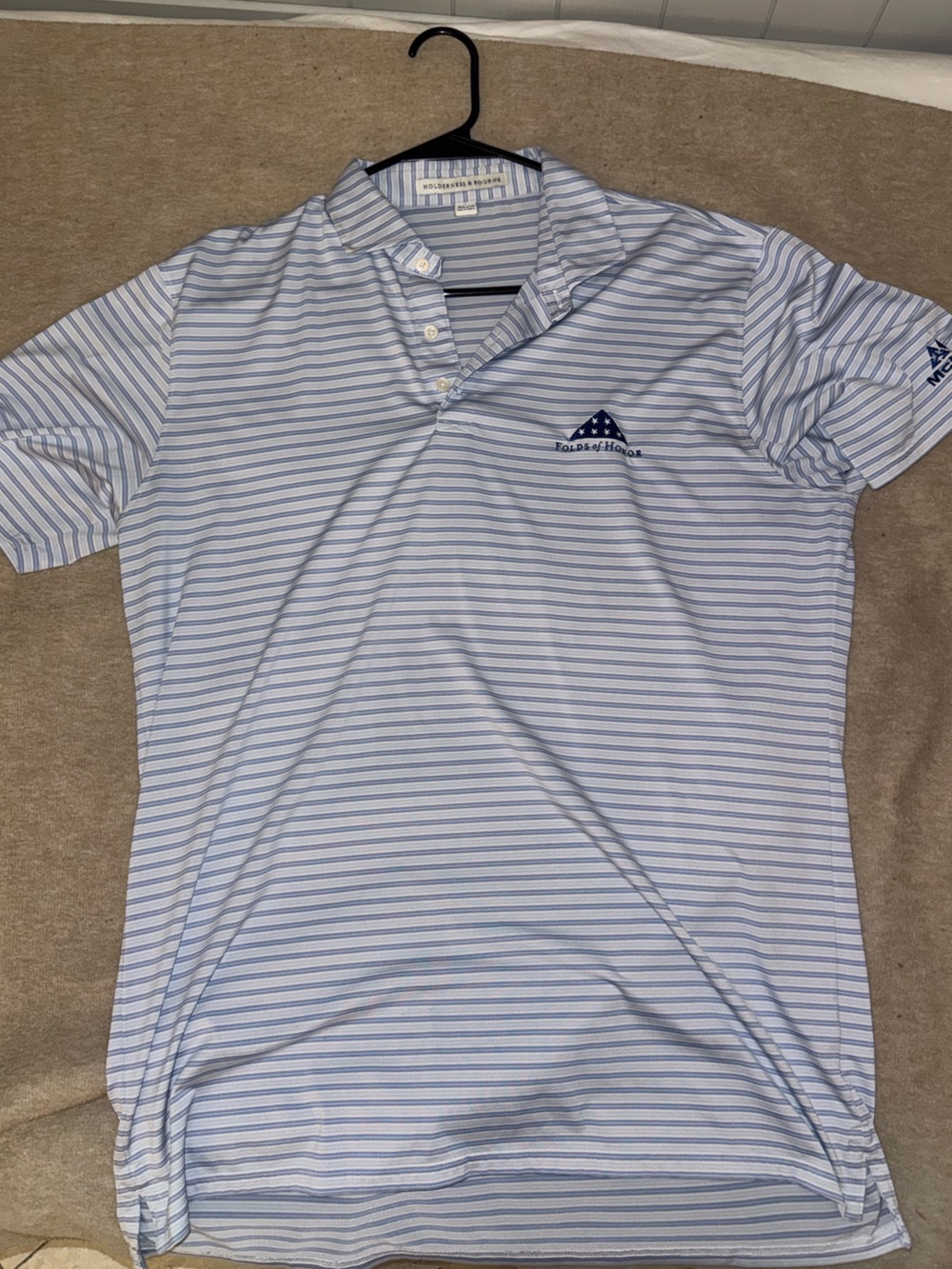Holderness & Bourne Light Blue and White Striped Folds of Honor Golf Polo